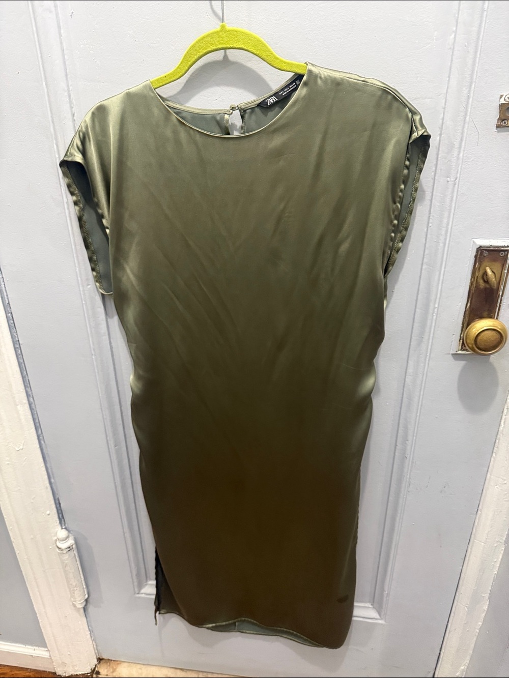 Zara Satin Olive Shift Midi Dress